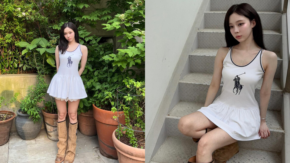 aespa成員Winter身穿運動背心式白色洋裝，混搭率性長靴