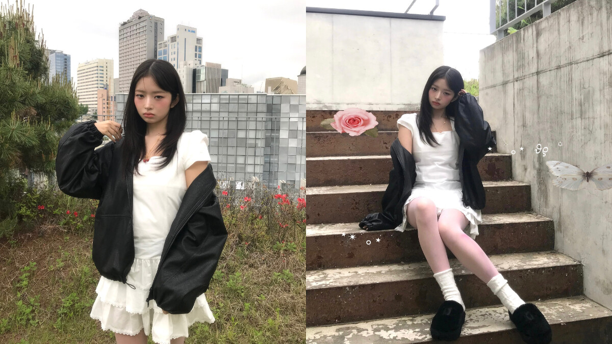 IVE成員Rei以機能風運動外套混搭泡泡袖白色蛋糕裙