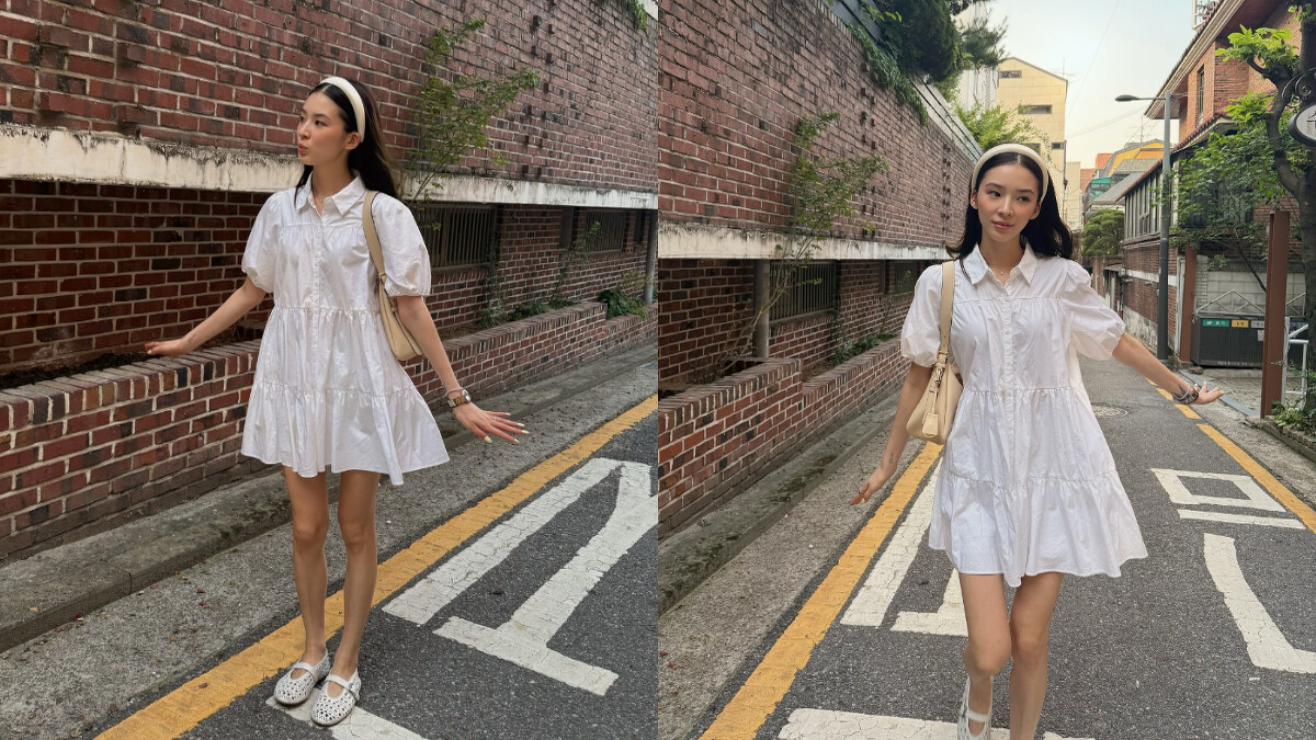 韓國時尚博主Irene Kim身穿娃娃襯衫式白色洋裝，搭配洞洞芭蕾舞鞋