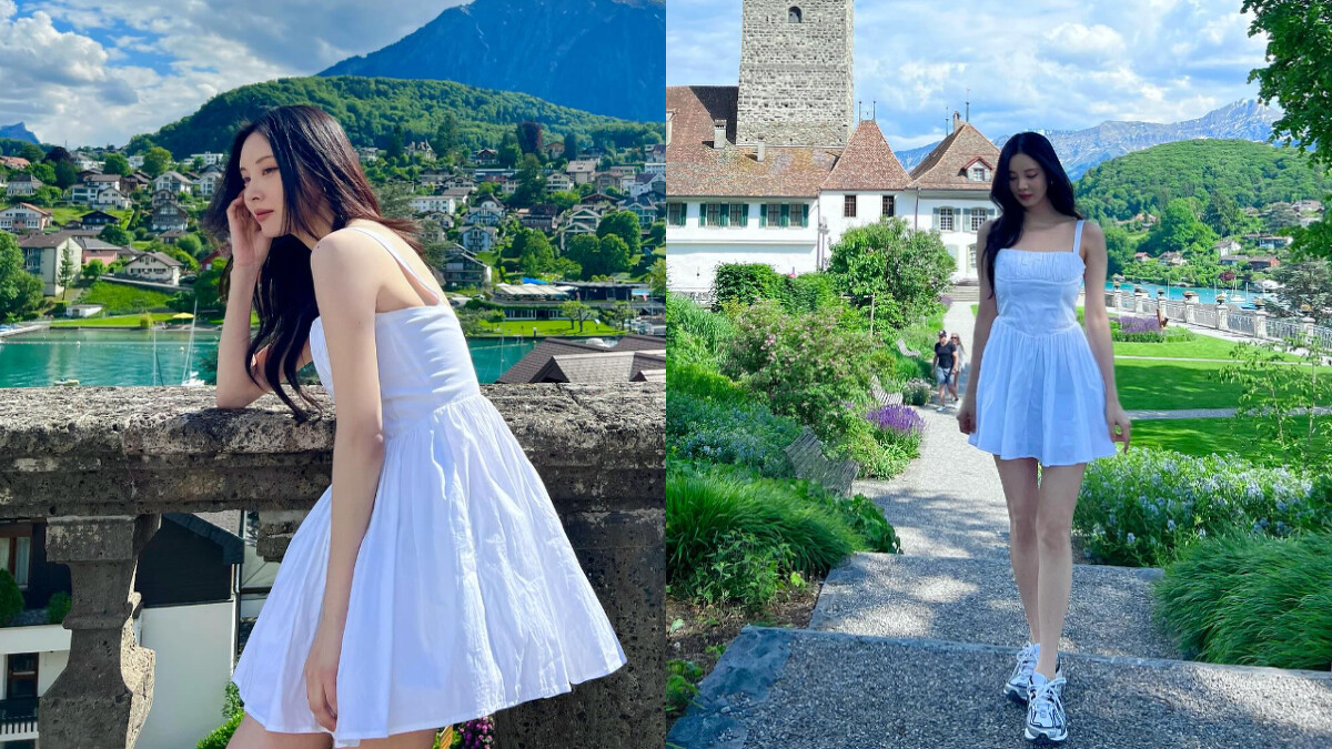 徐玄身穿馬甲式公主白裙搭配球鞋的休閒渡假造型