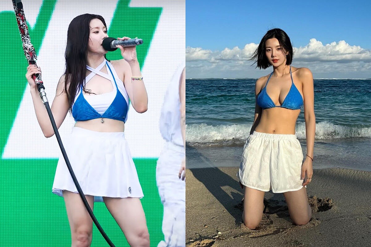 權恩妃2024年Waterbomb舞台造型,以Chrome Hearts藍色比基尼上衣搭配白色網球裙