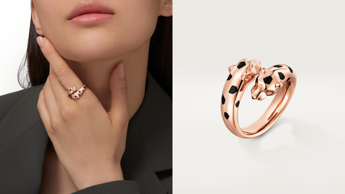 Panth&egrave;re de Cartier美洲豹玫瑰金戒指。