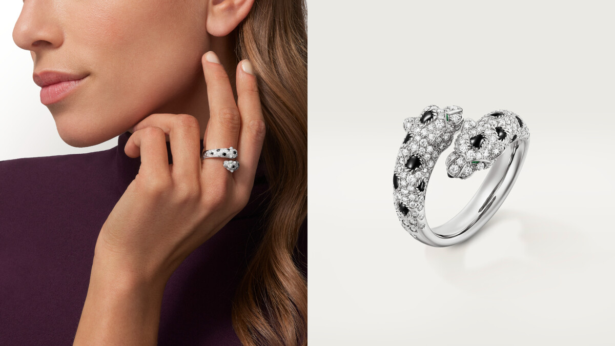 Panth&egrave;re de Cartier美洲豹18K白金鑲鑽戒指。