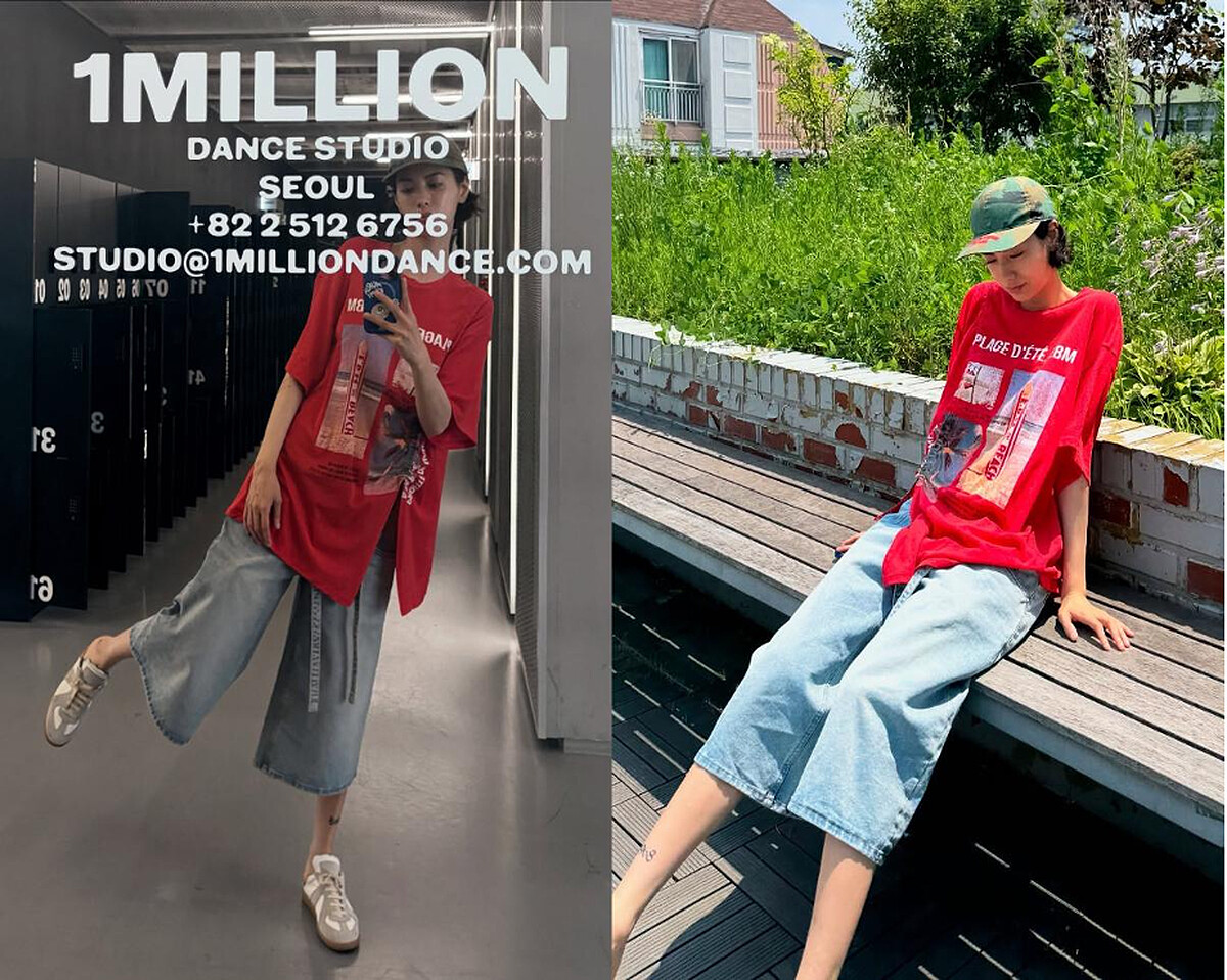 Nana的Jorts短褲穿搭：Oversized印花上衣搭配淺色牛仔五分褲