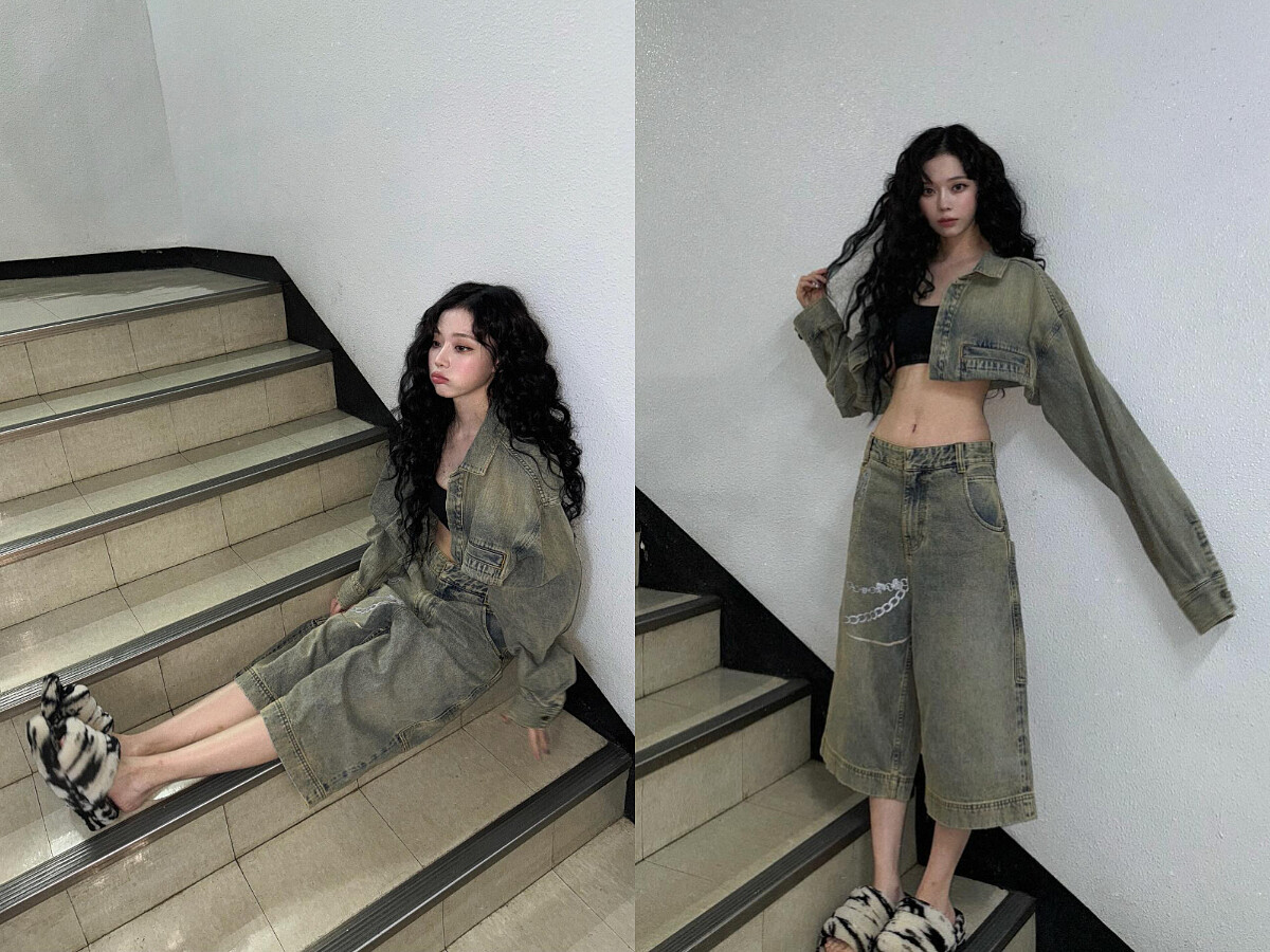 aespa成員Winter的Jorts短褲穿搭：同色系洗舊感牛仔套裝搭配短版背心