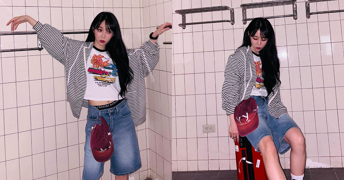 MAMAMOO成員玟星的美式復古風Jorts短褲穿搭，搭配圖案上衣與條紋外套