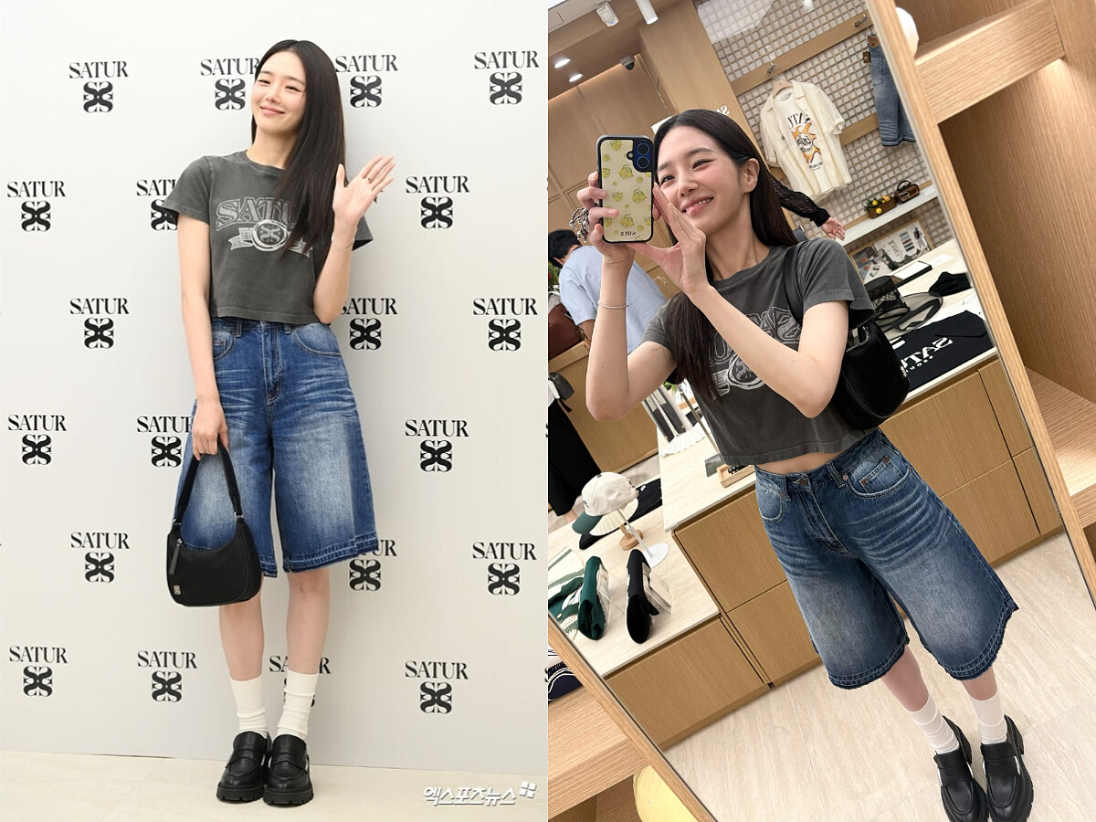 朴圭瑛的Jorts短褲穿搭：短版T恤搭配深色牛仔五分褲與樂福鞋