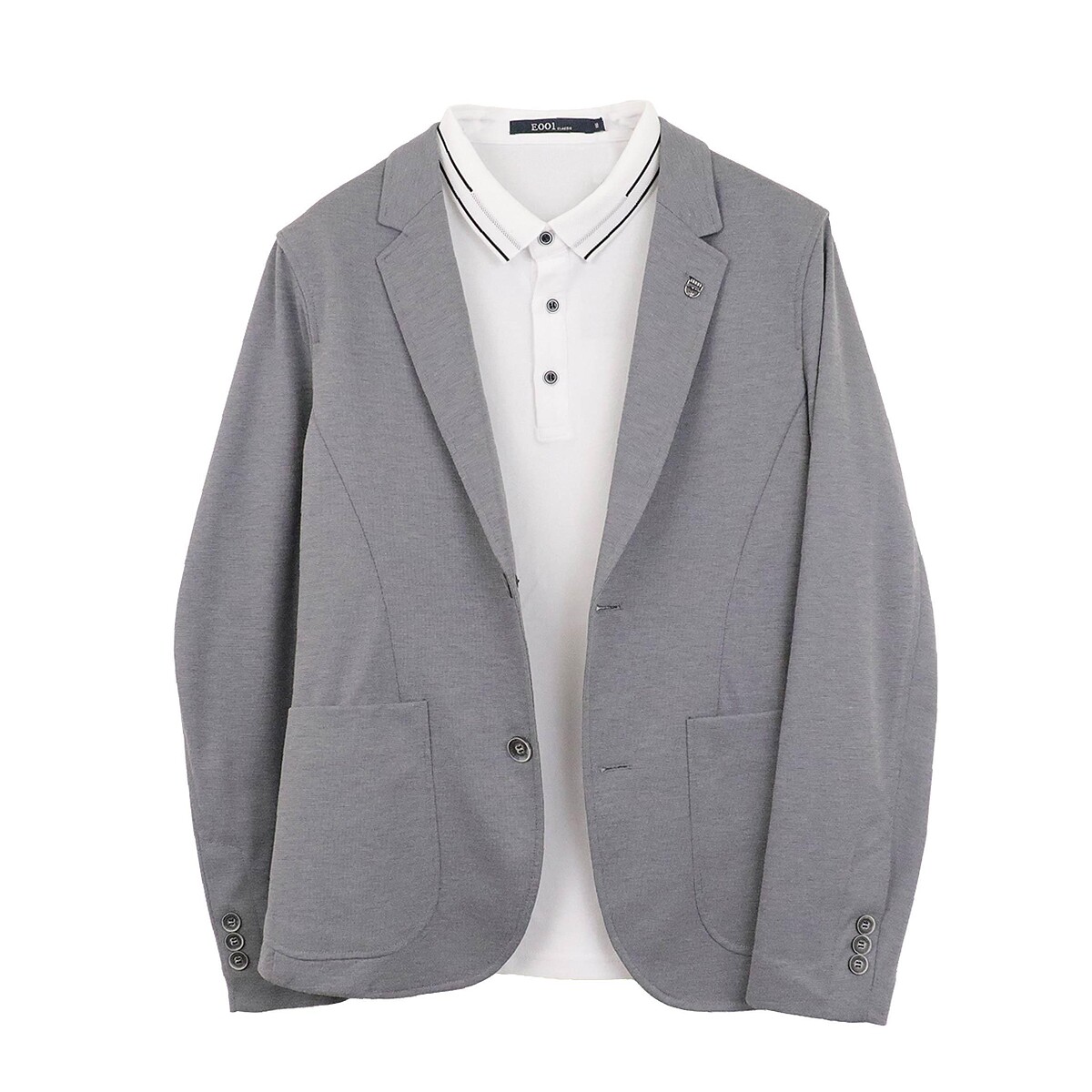 台中大遠百E001男士休閒上裝組商務與休閒皆宜。西裝建議售價6,980元、特價5,584元，棉質Polo衫建議售價2,790元、特價2,232元。