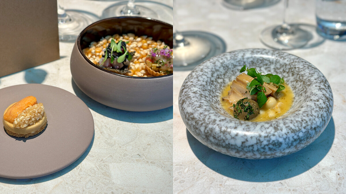 左為迎賓小點三式、右為「帝王蟹蒸蛋、台灣高山白菜、蟹醬汁」