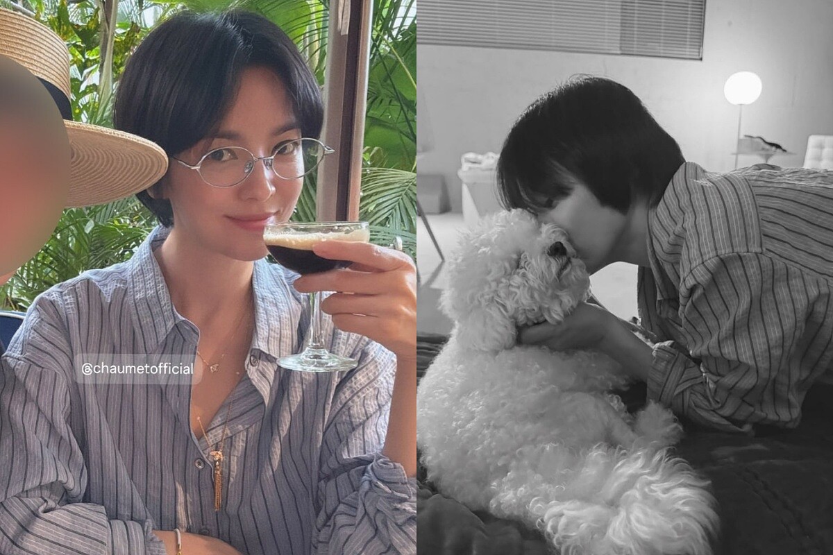 宋慧喬私服穿搭，身穿韓國品牌&Agrave;vie muah的藍色條紋襯衫