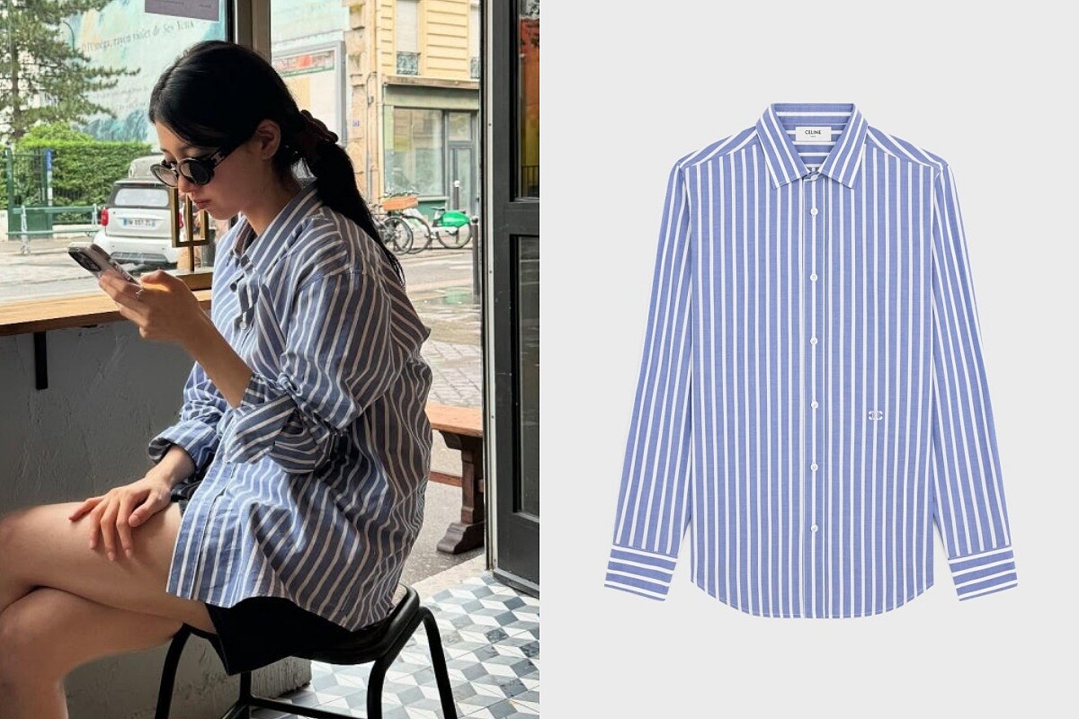 秀智私服穿搭，身穿Celine藍白寬條紋襯衫