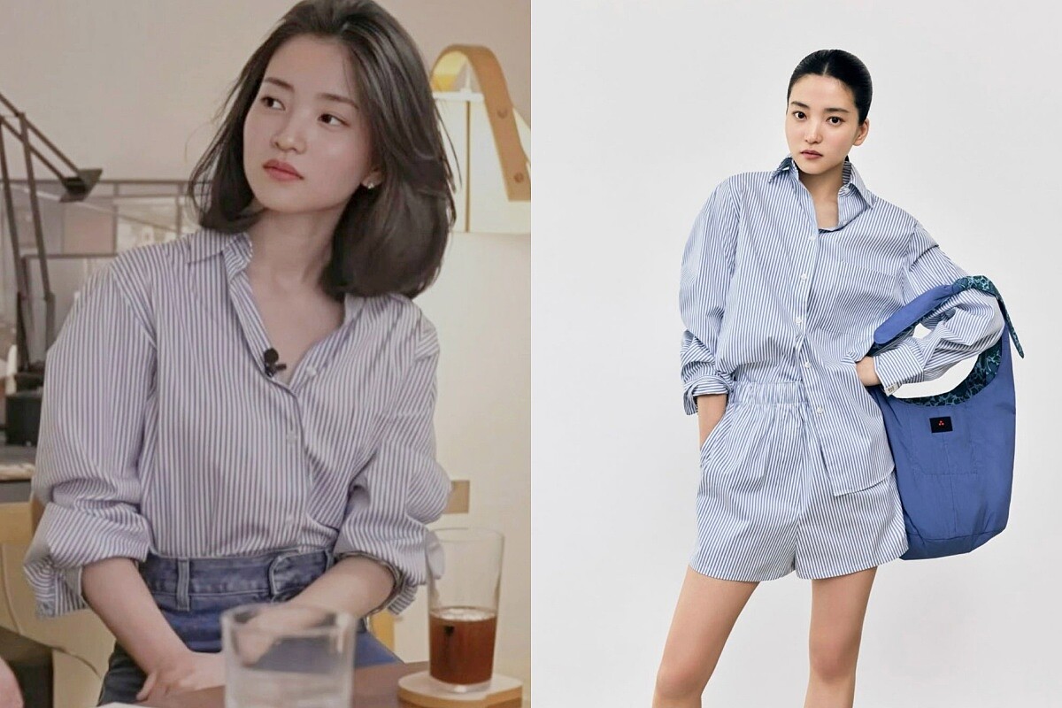 金泰梨身穿Peuterey藍色條紋襯衫，搭配高腰牛仔褲