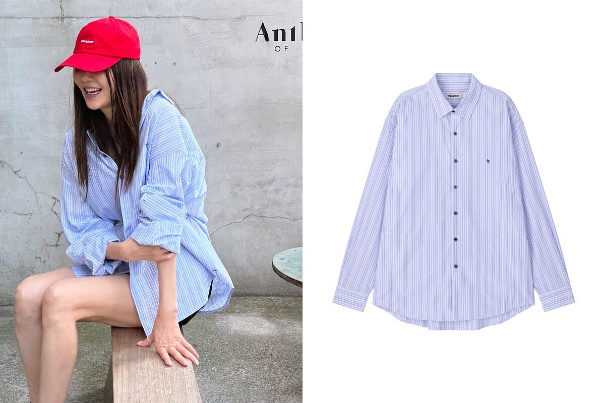 高賢廷私服穿搭，以enoughone條紋襯衫搭配紅色棒球帽