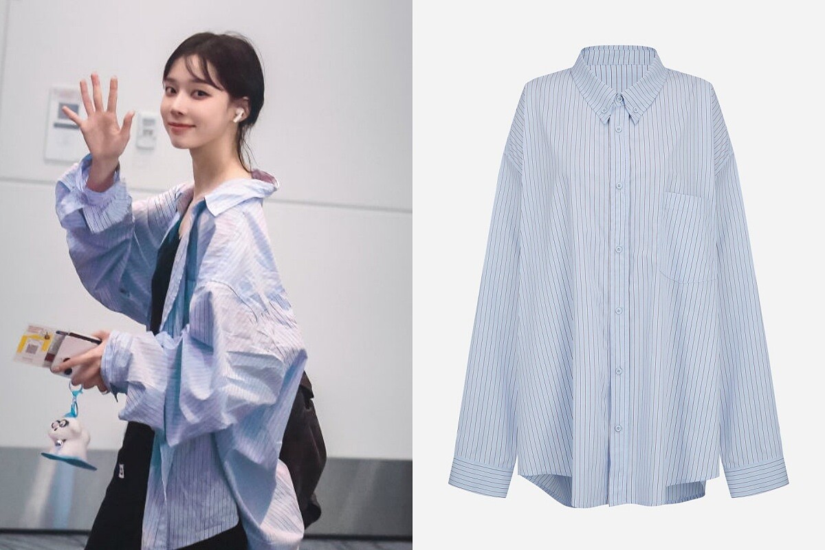 aespa成員Karina機場穿搭，以Langer的Oversized條紋襯衫作為外搭