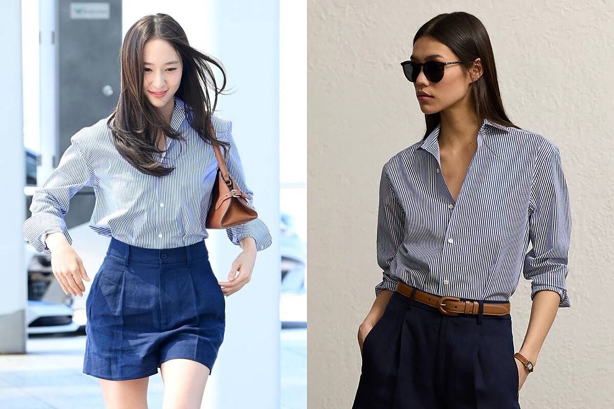 Krystal鄭秀晶身穿Polo Ralph Lauren合身條紋襯衫搭配西裝短褲