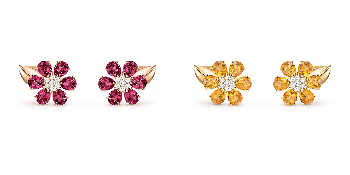Fleurs d&rsquo;Hawa&iuml;吊墜， 18K玫瑰金，鑲嵌玫瑰榴石及鑽石(小型款式)、 18K黃金，鑲嵌黃水晶及鑽石(小型款式)。 