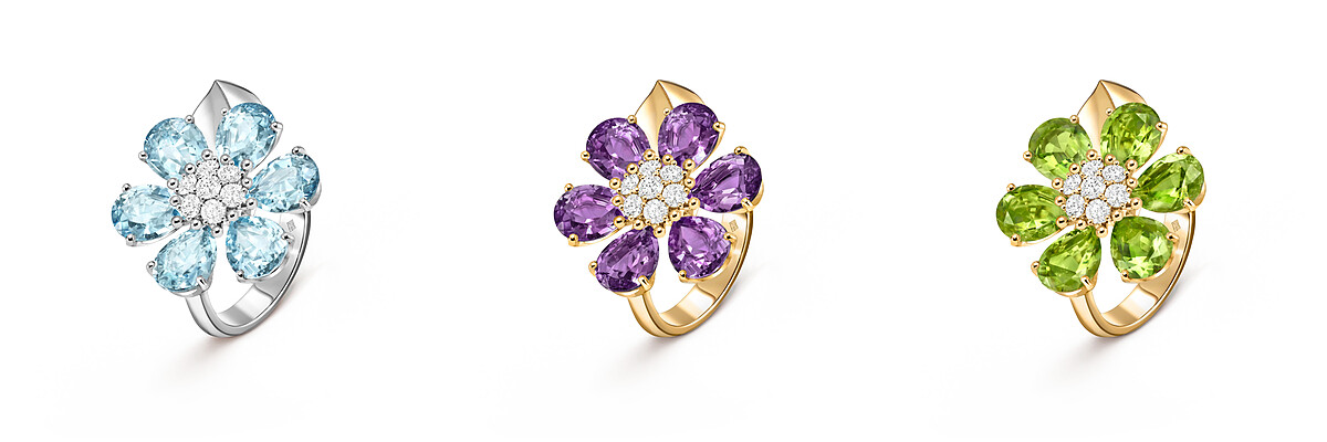 Fleurs d&rsquo;Hawa&iuml;戒指， 18K白金，鑲嵌海藍寶石及鑽石(大型款式)、18K黃金，鑲嵌紫水晶及鑽石(大型款式)、18K黃金，鑲嵌橄欖石及鑽石(大型款式)。