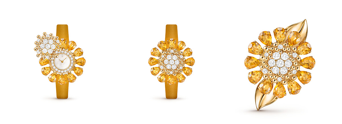 Fleurs d&rsquo;Hawa&iuml; Secret腕錶，18K黃金，鑲嵌黃水晶、白色珍珠貝母及鑽石。