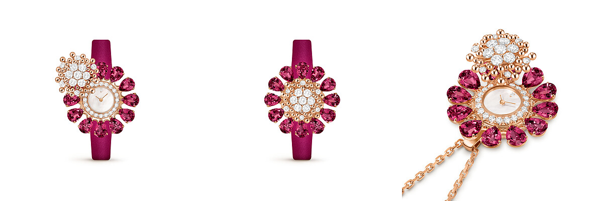 Fleurs d&rsquo;Hawa&iuml; Secret腕錶，18K玫瑰金，鑲嵌玫瑰榴石、白色珍珠貝母及鑽石。 