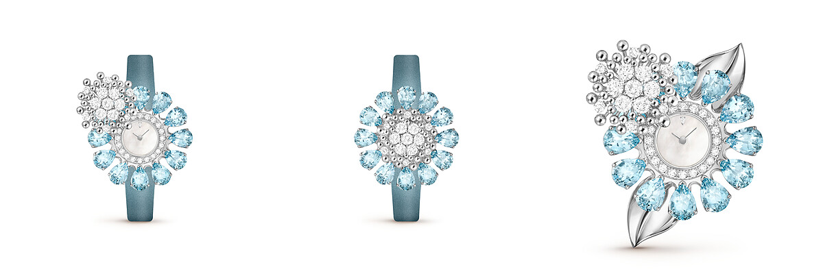 Fleurs d&rsquo;Hawa&iuml; Secret腕錶，18K白金，鑲嵌海藍寶石、白色珍珠貝母及鑽石。