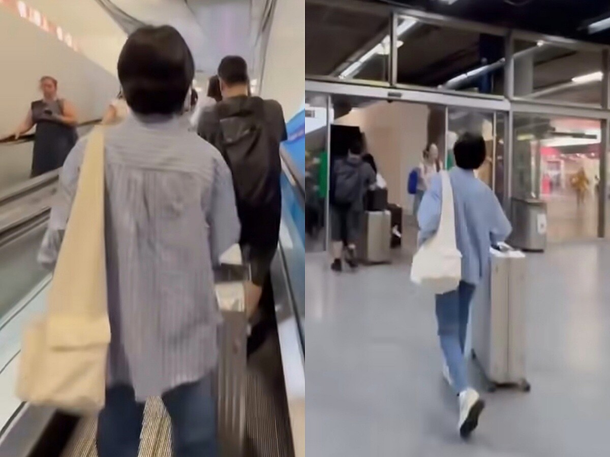 宋慧喬於機場的私服穿搭，肩背&Agrave;vie muah白色大型三角肩背包