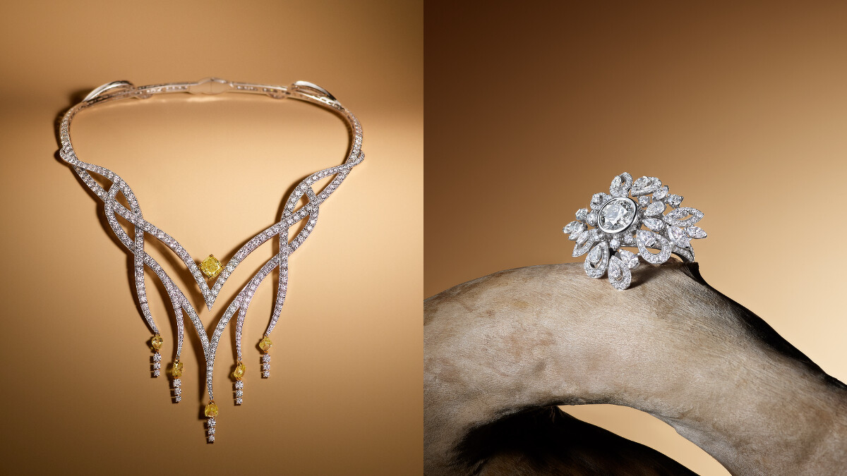 De Beers Essence of Nature 高級珠寶系列Interlace鑽石項鍊（左）、Jacaranda Bloom 鑽石雞尾酒戒指。