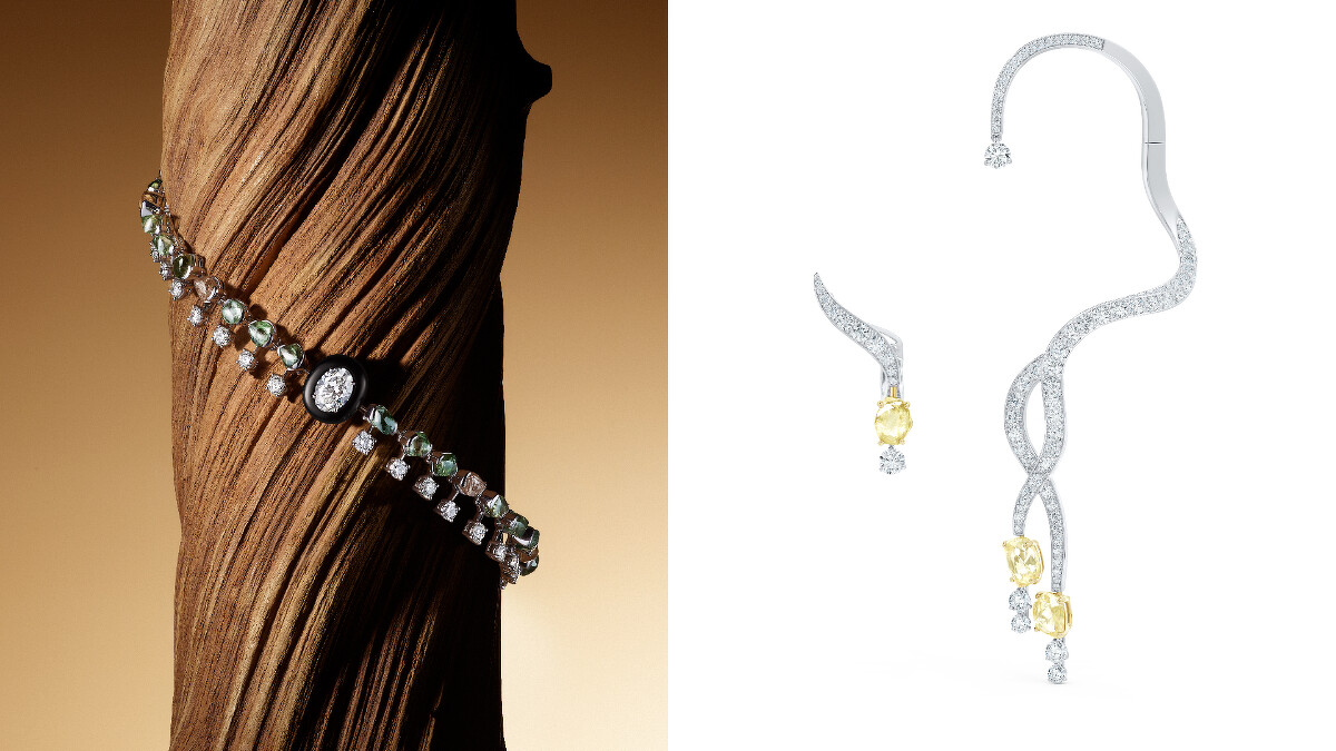 De Beers Essence of Nature 高級珠寶系列Embrace 鑽石手鍊（左）、Interlace 鑽石耳掛。