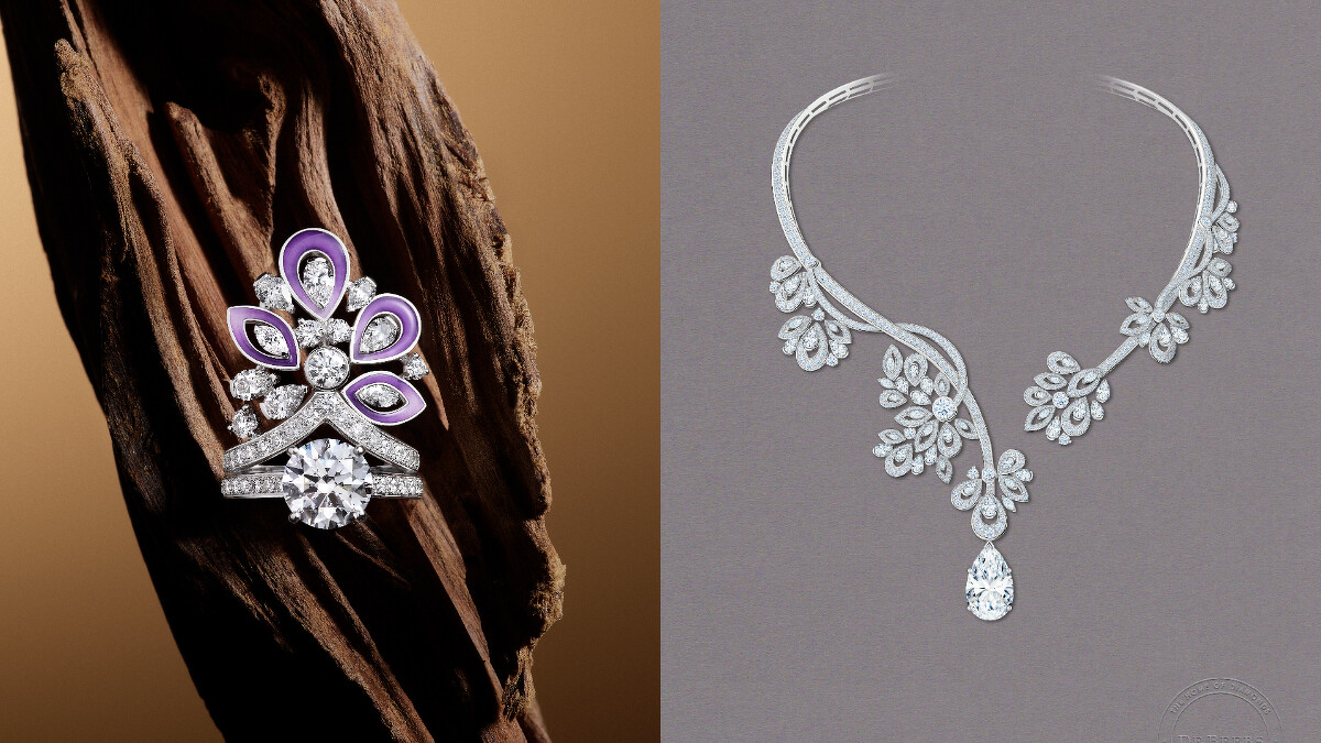 De Beers Essence of Nature 高級珠寶系列Jacaranda Bloom鑽石與琺瑯皇冠式戒指（左）、Jacaranda Bloom Masterpiece 鑽石開放式項鍊，重達20.10 克拉的主鑽可拆下單獨作為戒指佩戴。