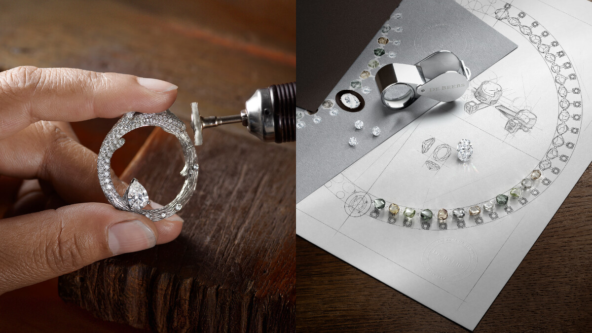 De Beers Essence of Nature高級珠寶系列Camelthorn Resilience 鑽石圈形耳環以手工精雕18K白金打造出仿若樹皮的紋理（左）、Embrace鑽石項鍊突顯綠色鑽石原石天然的不對稱輪廓。