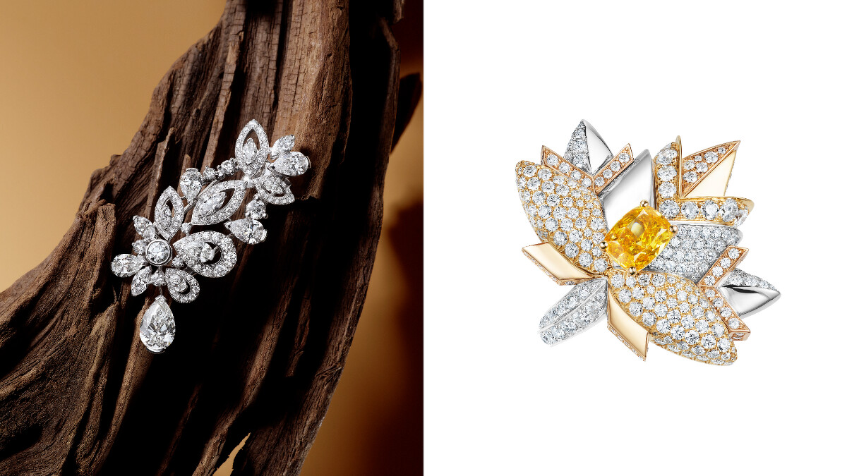 De Beers Essence of Nature 高級珠寶系列Jacaranda Bloom鑽石胸針，鉸接式設計可隨著佩戴者的一舉一動搖曳生姿（左）、Maple Colours 鑽石手環以18K黃金、玫瑰金和白金打造楓葉圖案，與中央的1.15 克拉豔彩黃橘鑽完美映襯。