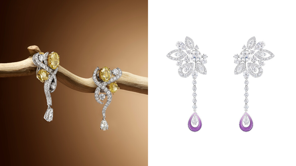 De Beers Essence of Nature 高級珠寶系列 Interlace 鑽石可轉換式耳環，耳環中央的橢圓形切割黃鑽可單獨作耳釘佩戴（左）、Jacaranda Bloom 鑽石與琺瑯吊墜耳環，末端的梨形吊墜可拆卸。