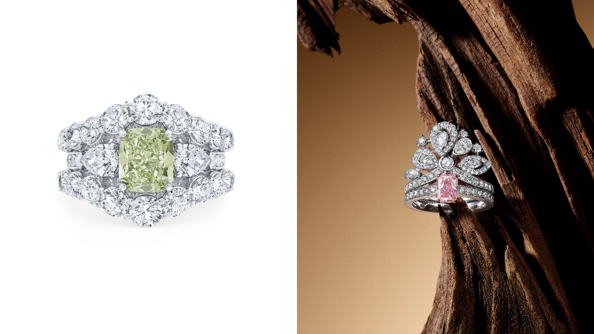 De Beers Essence of Nature 高級珠寶系列 Foundation 鑽石嵌套式戒指（左）、Jacaranda Bloom Masterpiece 鑽石皇冠式戒指。