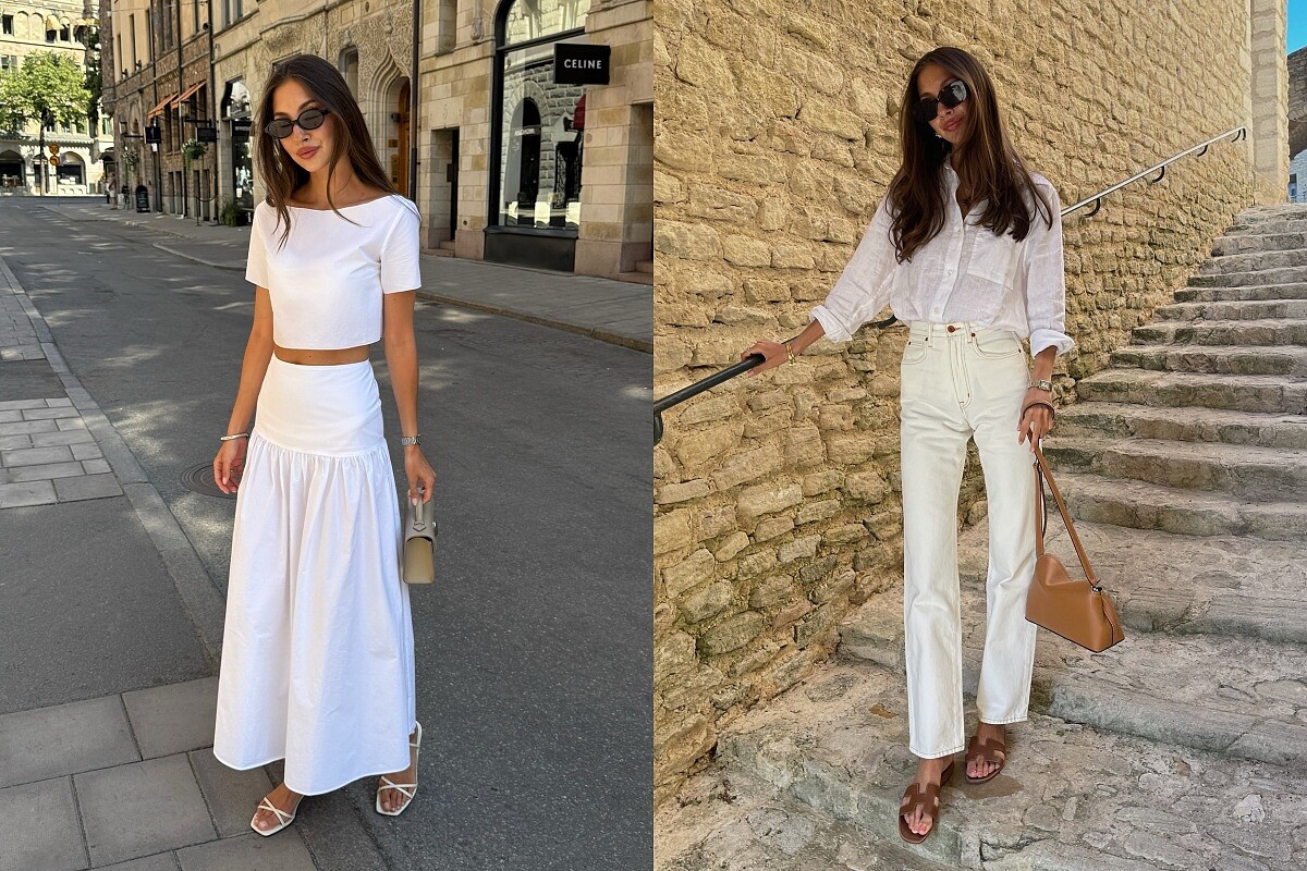 Felicia Akerstrom的同色系穿搭示範，以全白造型堆疊高級感