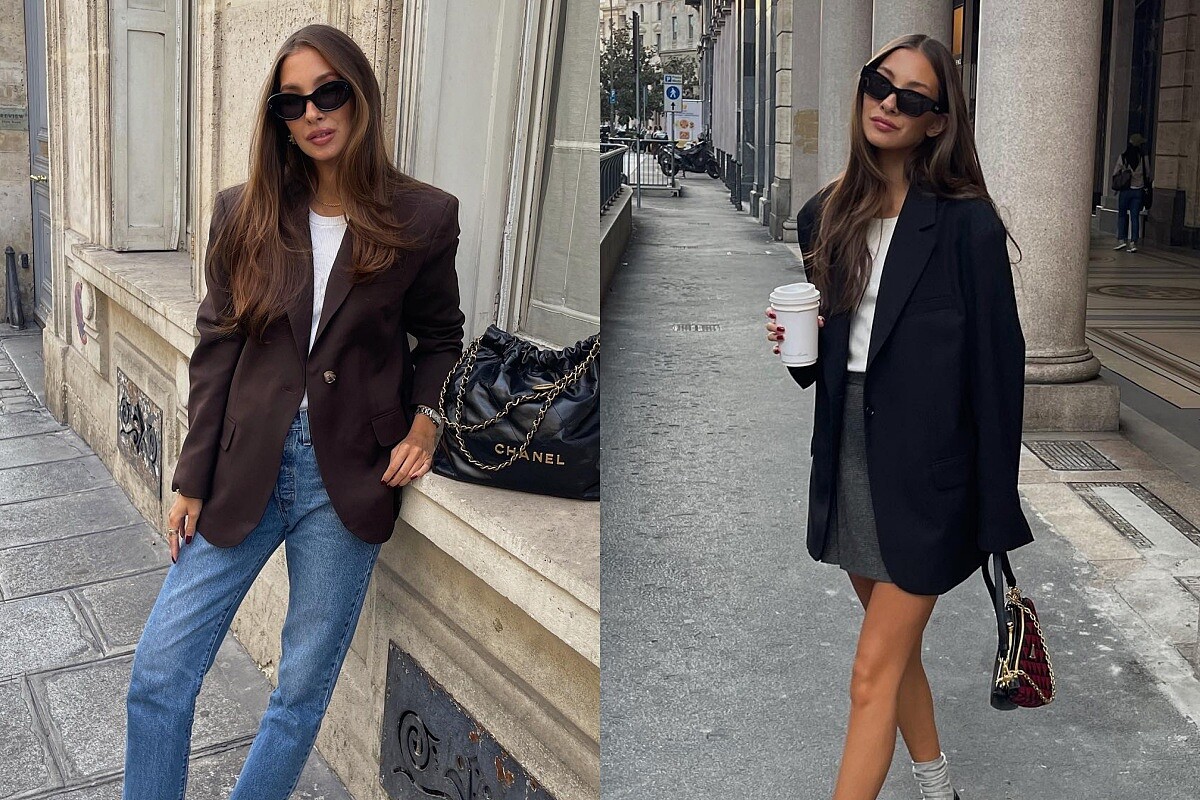 Felicia Akerstrom以西裝外套搭配牛仔褲或短裙的通勤穿搭