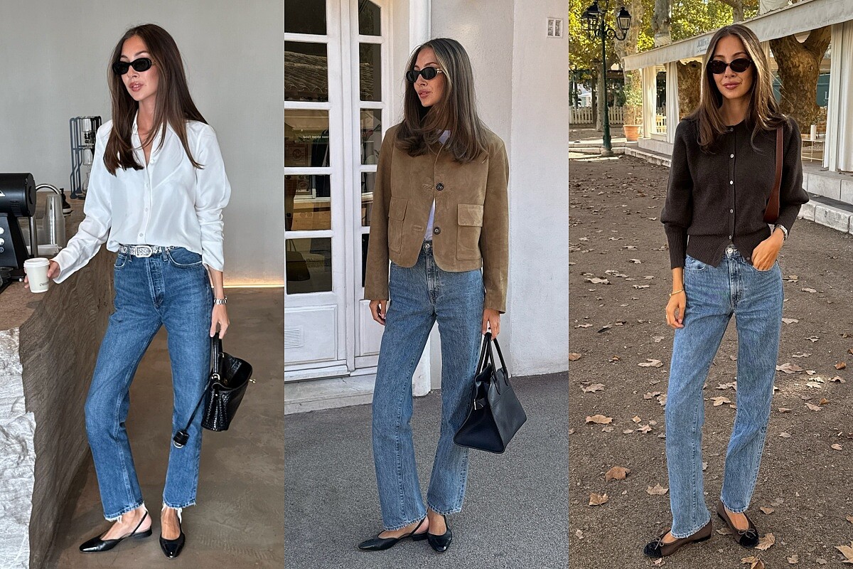 Felicia Akerstrom以牛仔褲搭配襯衫、短版外套或針織開襟衫，穿出正式感
