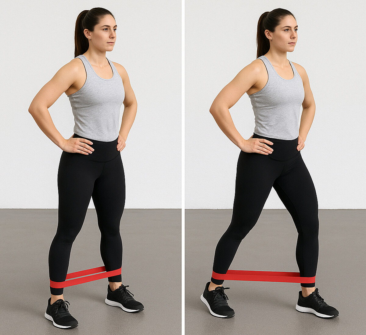 女性使用彈力帶進行臀部走路訓練的進階版動作