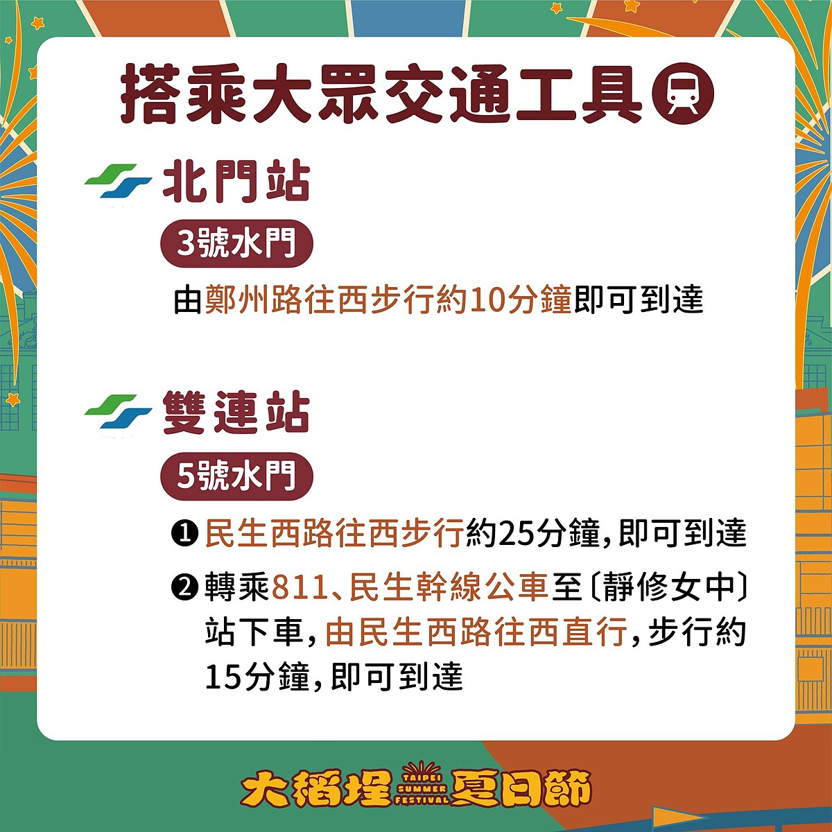 2025大稻埕夏日節大眾交通工具：捷運北門站、雙連站