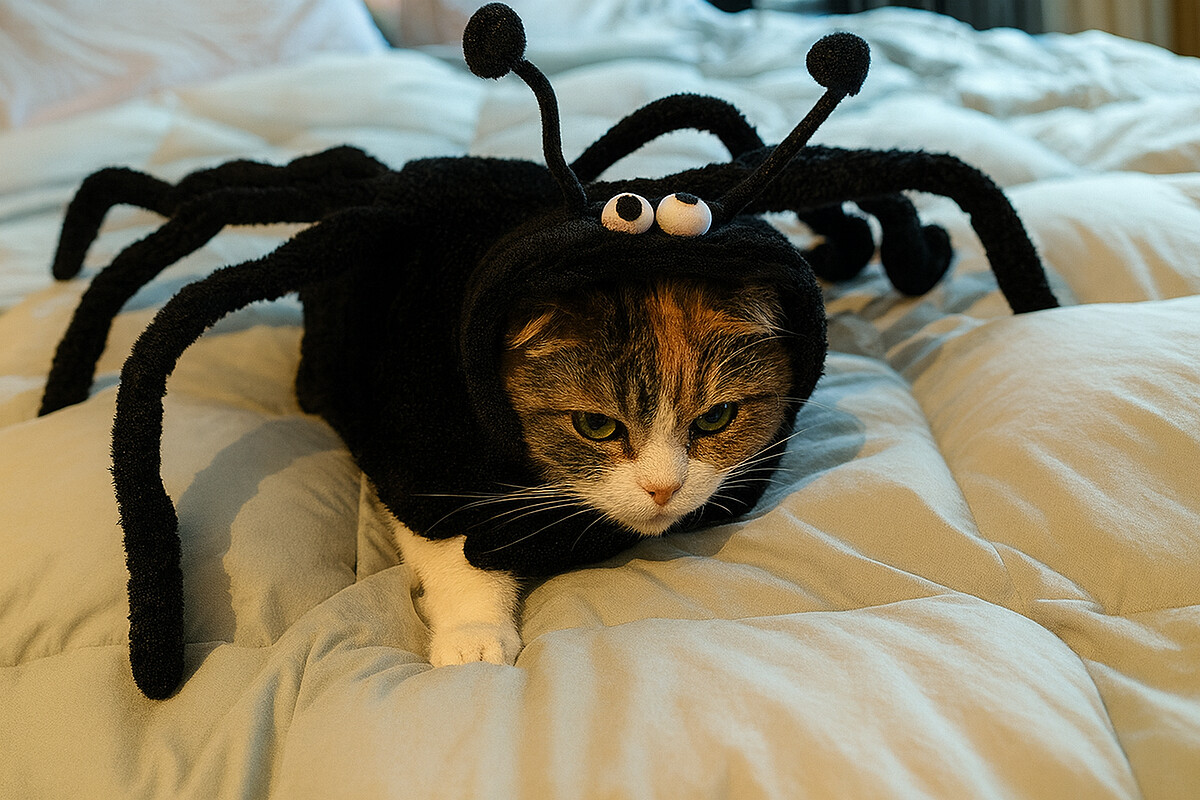 寵物萬聖節變裝：貓咪戴上蜘蛛頭套的可愛造型