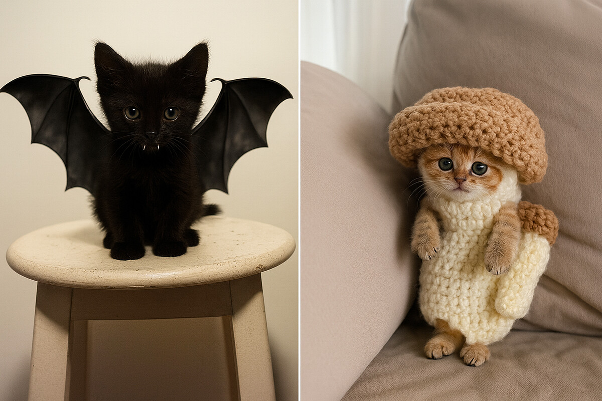寵物萬聖節變裝：貓咪配戴蝙蝠翅膀和穿上香菇毛線衣的可愛模樣