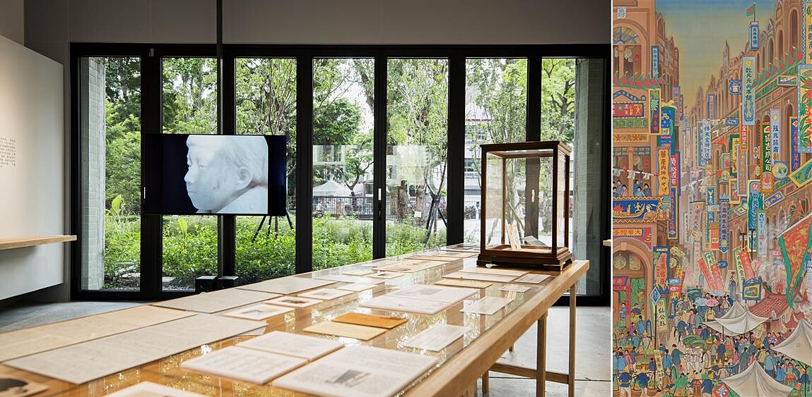 左圖：特展室，太平國小博物館提供，黃宏錡攝影｜右圖：郭雪湖《南街殷賑》（1930），以戲劇化手法描寫大稻埕迪化街霞海城隍廟口節慶熱鬧景象，圖片來自北美館