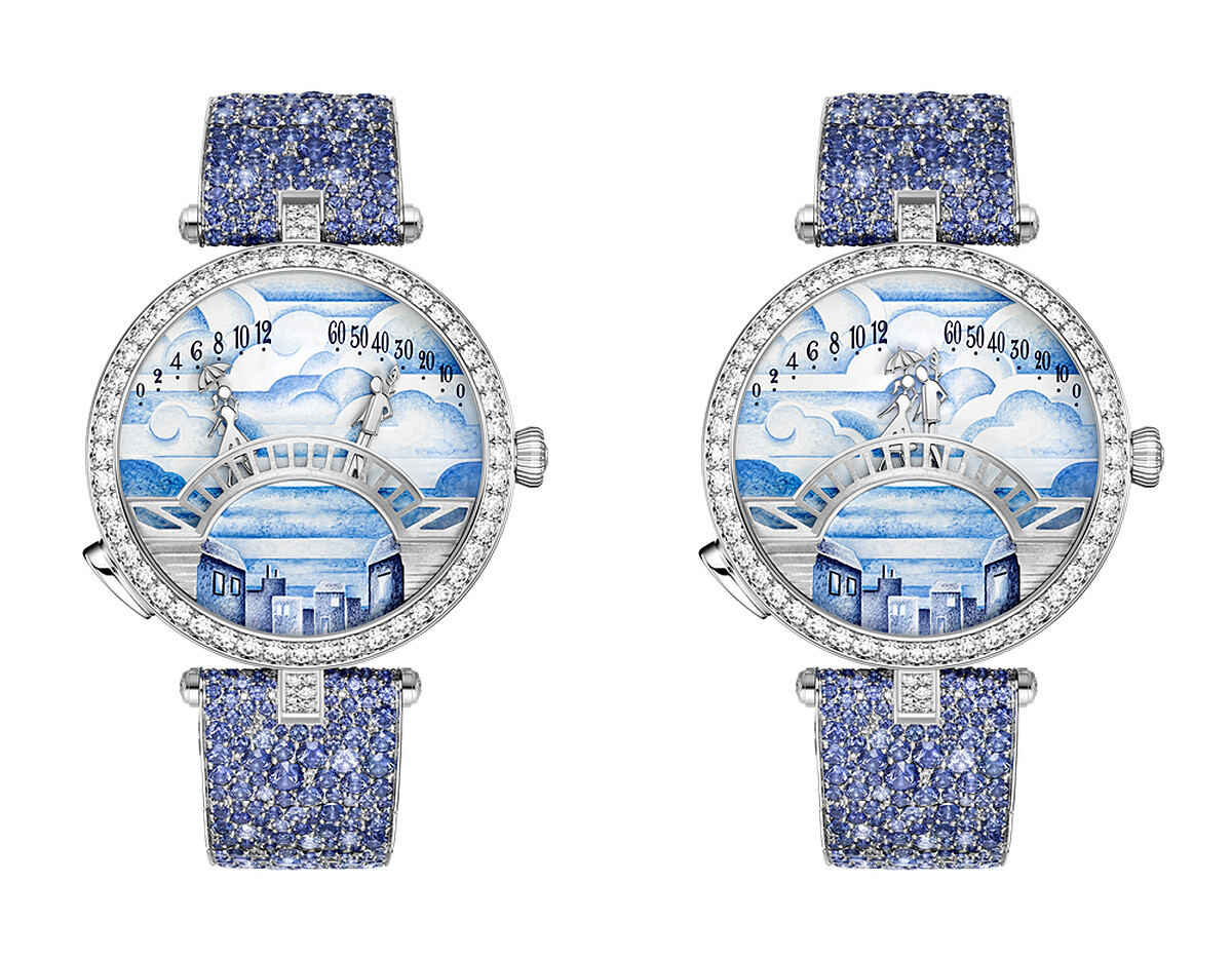 Lady Arpels Pont des Amoureux Matin&eacute;e腕錶，白K金、鑽石、藍寶石、琺瑯、自動上鍊機械機芯，配備雙逆跳及自主動態功能。