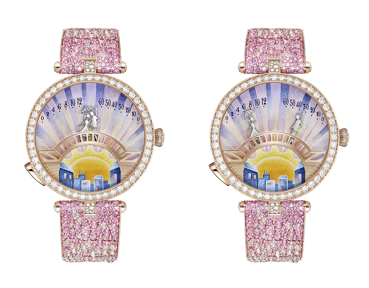 Lady Arpels Pont des Amoureux Aube腕錶，玫瑰金、鑽石、粉紅色藍寶石、琺瑯、自動上鍊機械機芯，配備雙逆跳及自主動態功能。