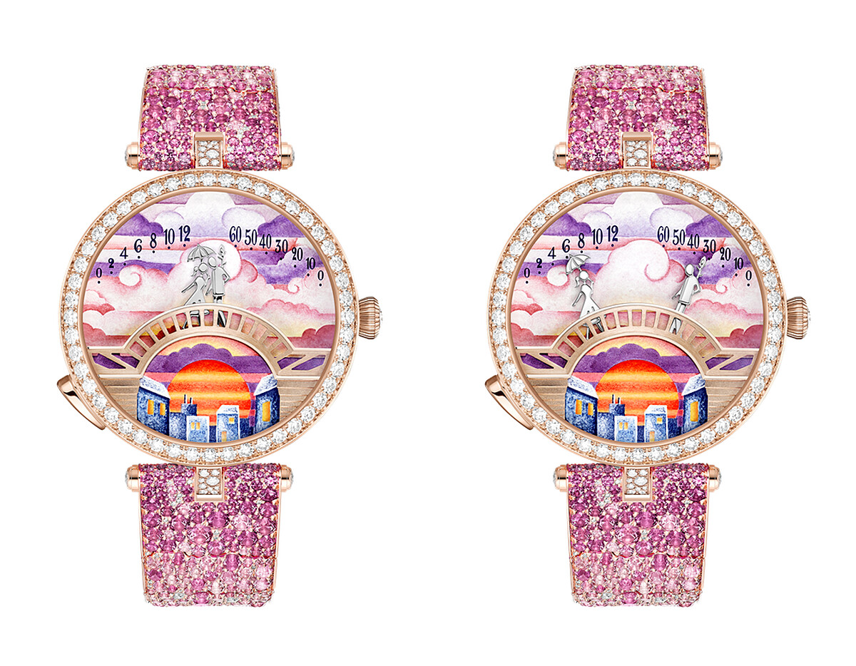 Lady Arpels Pont des Amoureux Soir&eacute;e腕錶，玫瑰金、鑽石、粉紅色藍寶石、琺瑯、自動上鍊機械機芯，配備雙逆跳及自主動態功能。