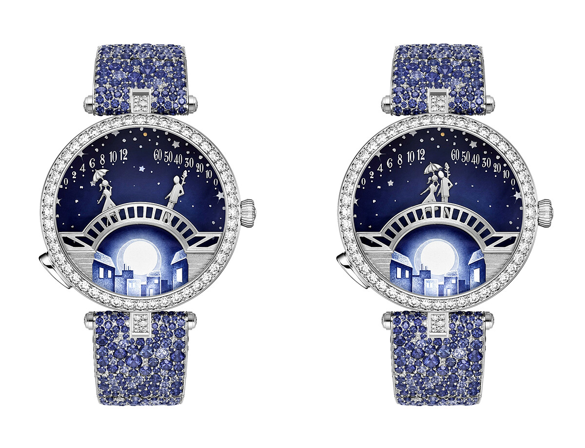 Lady Arpels Pont des Amoureux Clair de Lune腕錶，白K金、鑽石、藍寶石、琺瑯、自動上鍊機械機芯，配備雙逆跳及自主動態功能。
