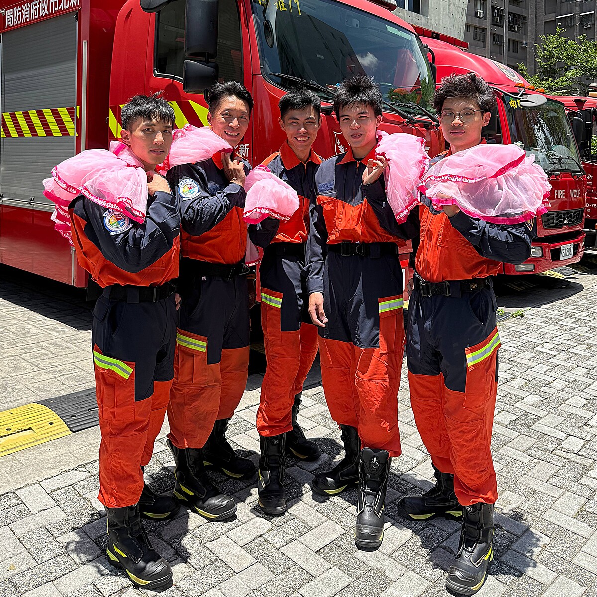 由左至右：第六大隊萬里分隊蘇俊海、第一大隊民生分隊劉志浩、第三大隊淡水分隊邱翊瑋、第一大隊板橋分隊陳語豪、第五大隊三峽分隊呂尹丞