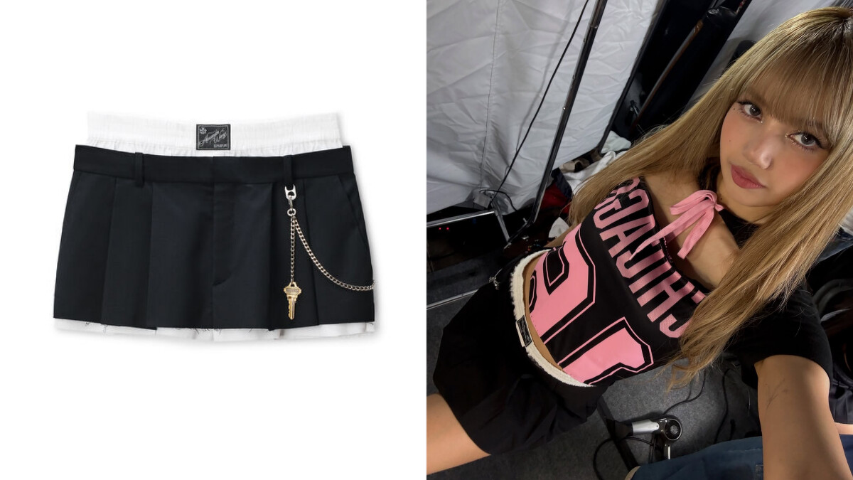 Lisa 穿著 Alexander Wang 黑色百褶短裙，展現學院風與舞台魅力