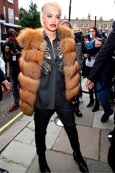 Rita Ora arriving for Hunter SS15 on the front row at London Fashion Week SS15