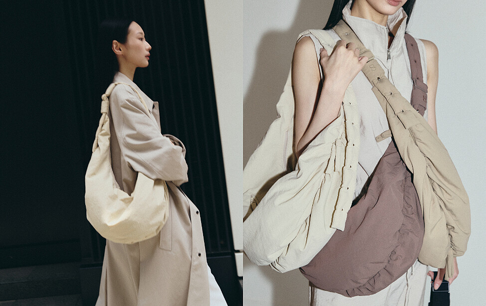 Zip澎軟多用斜跨包(杏色，卡其色，黑色，咖紫色)，NT1,280。