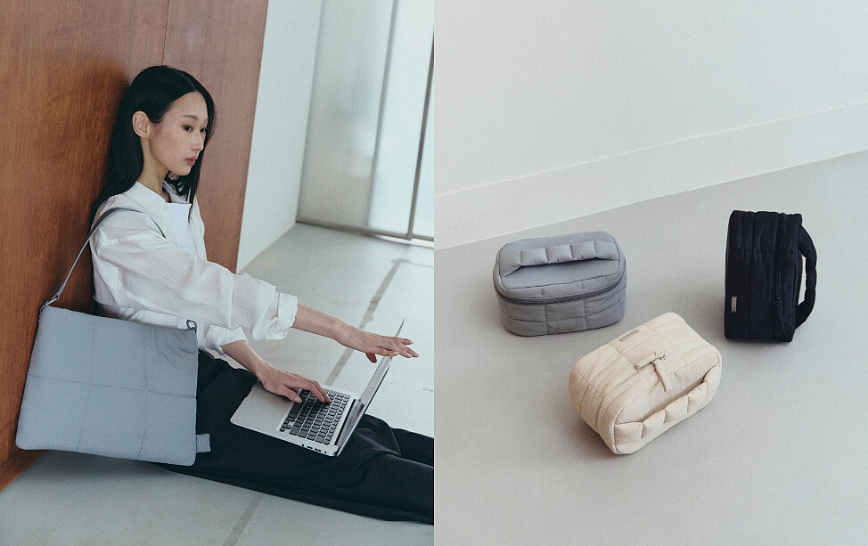 Uno蓬蓬豆腐電腦包 (黑色，米色，灰藍色)，NT1,080；Uno蓬蓬豆腐化妝包(黑色，米白色，灰藍色)，NT880。