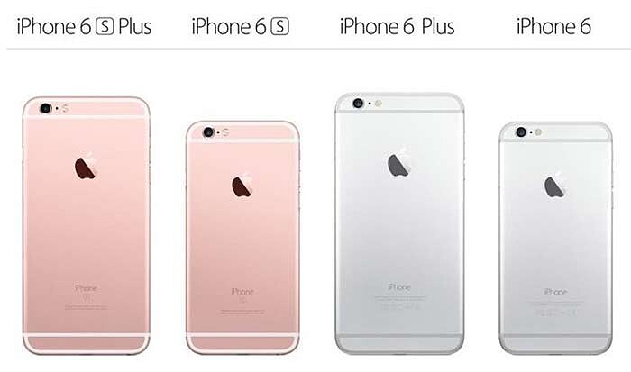 iPhone 6s 系列的四種機身顏色，包含全新的玫瑰金